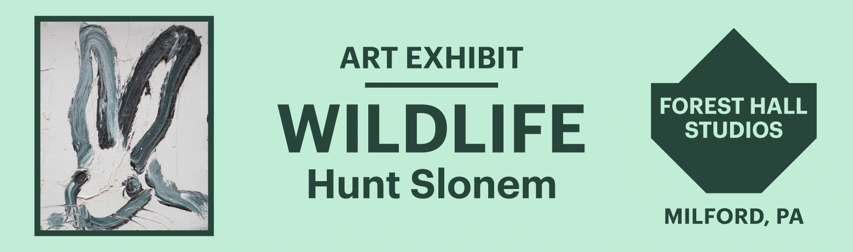 a poster with a picture of a forest and the words wildlife hunt slonem