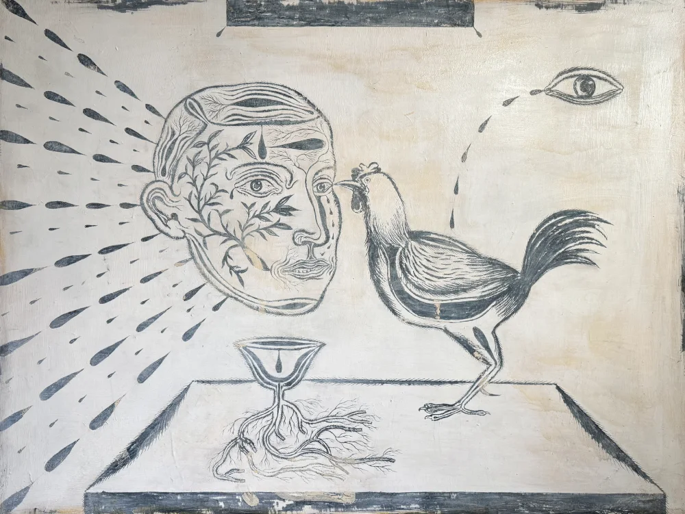 a drawing of a man and a rooster